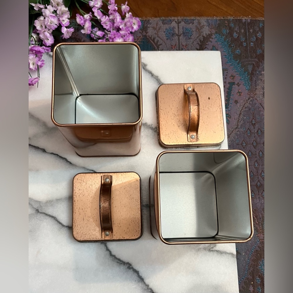 Pair of 2 Vintage Square Copper Tins w Lids with Handles 7” x 3.5” x 3.5”